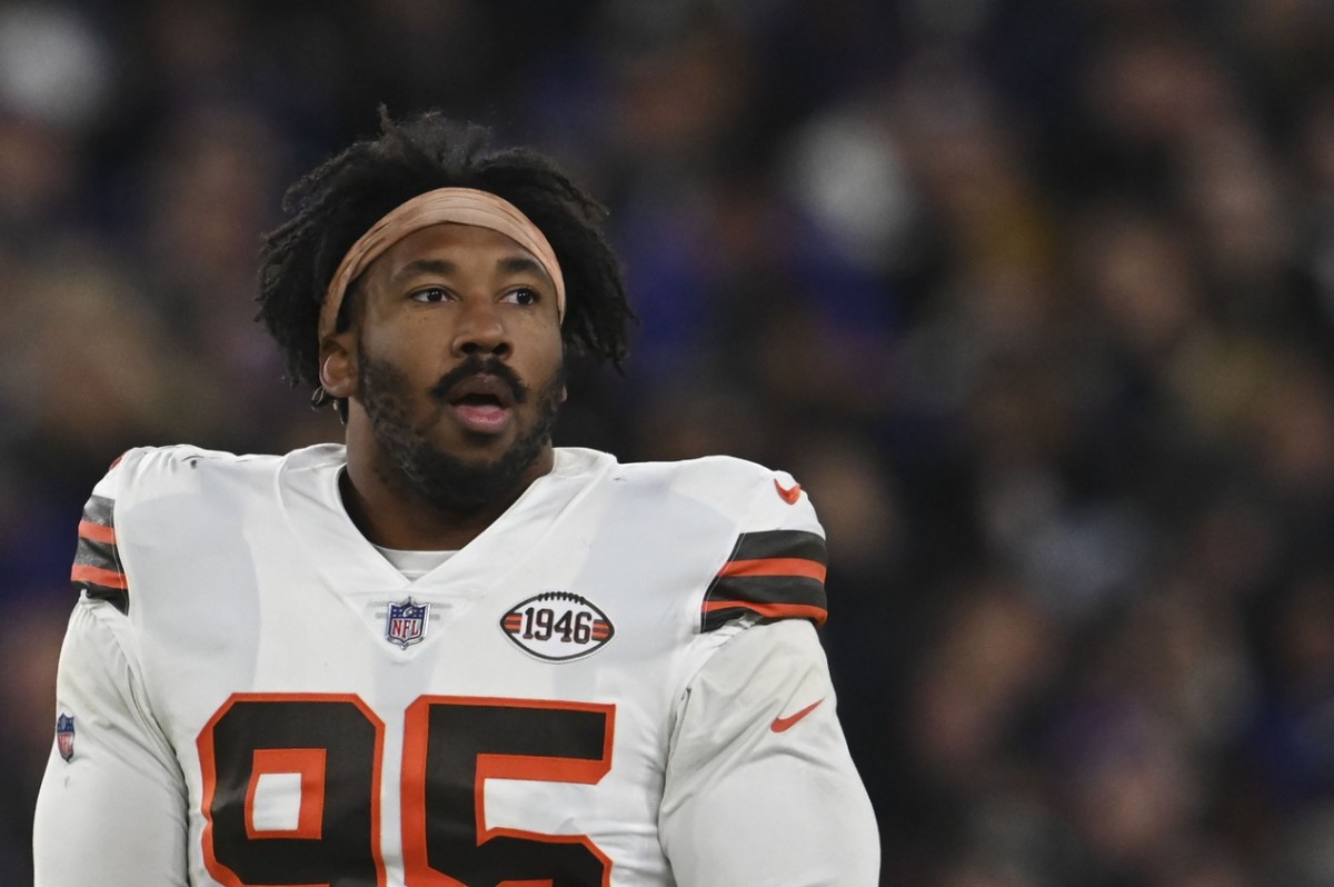 Nov 28, 2021; Baltimore, Maryland, USA; Cleveland Browns defensive end Myles Garrett (95) looks to the bench during the game against the Baltimore Ravens at M&T Bank Stadium. Mandatory Credit: Tommy Gilligan-USA TODAY Sports