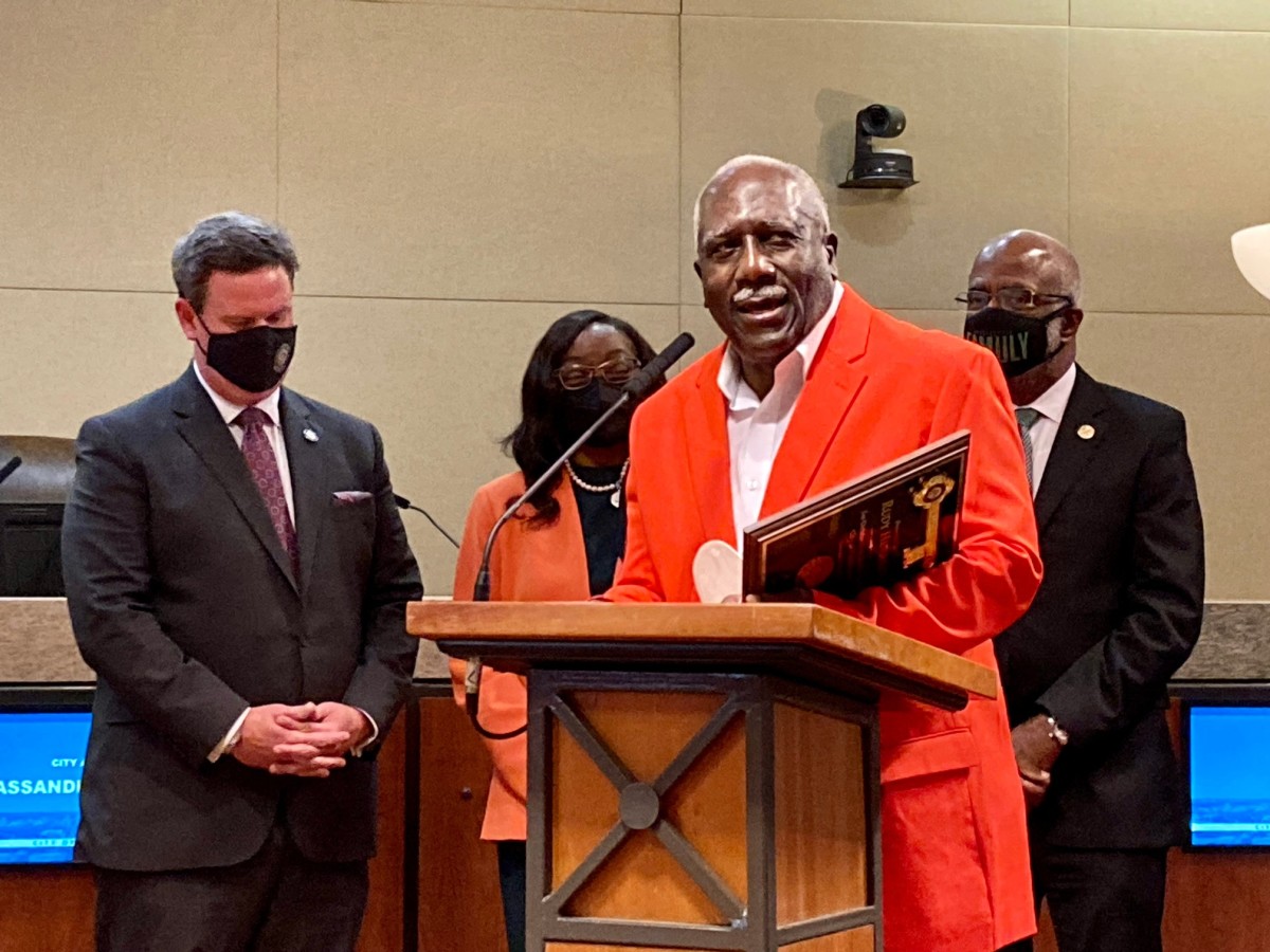 Former FAMU football head coach Rudy Hubbard gives his acceptance speech after receiving the key to the city from Mayor John Dailey (left) at City Hall on Wednesday, Nov. 10, 2021. Img 0671