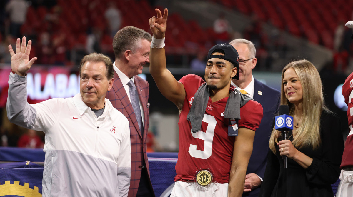 Dec 4, 2021; Atlanta, GA, USA; Alabama Crimson Tide head coach Nick Saban, left, and quarterback Bryce Young (9) celebrate their win against the Georgia Bulldogs during the SEC championship game at Mercedes-Benz Stadium.