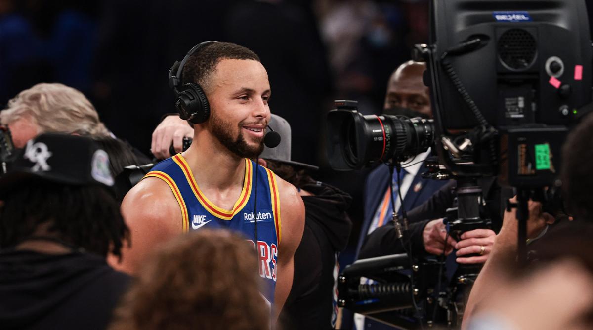 Dec 14, 2021; New York, New York, USA; Golden State Warriors guard Stephen Curry (30) is interview by the media after the game against the New York Knicks at Madison Square Garden.
