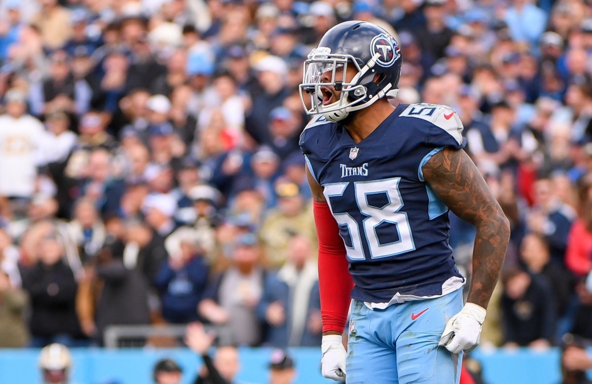 Harold Landry of the Tennessee Titans celebrates after a play