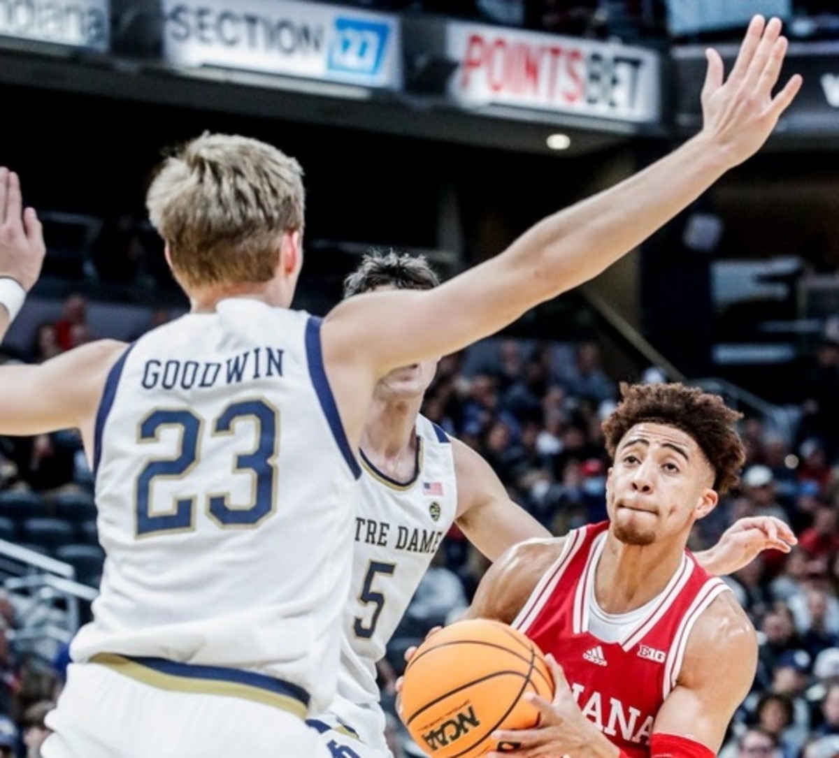 Indiana guard Rob Phinisee looks past Notre Dame's guard Dane Goodwin during the Hoosiers win on Saturday at Gainbridge Fieldhouse (Michelle Pemberton/USA TODAY Sports)