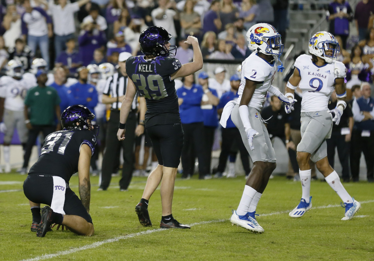 Kicker Griffin Kell kicks the game winning field goal against Kansas at Amon G. Carter Stadium on Nov. 20.