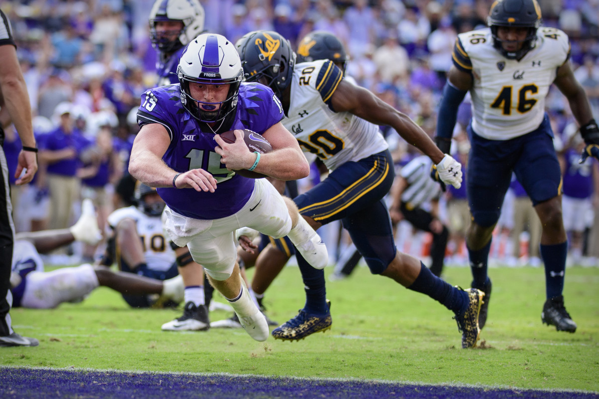 Quarterback Max Duggan lunges for a touchdown against California at Amon G. Carter Stadium on Sept. 11.