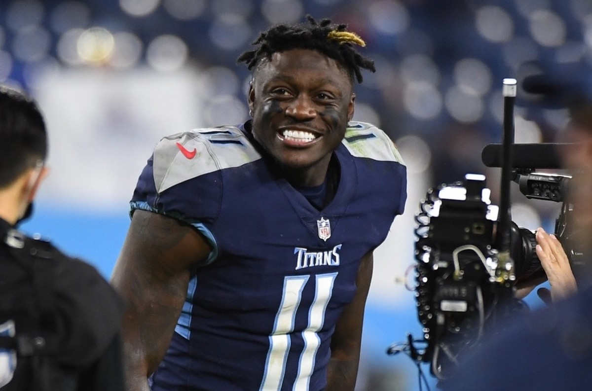 Tennessee Titans wide receiver A.J. Brown reacts to the Titans' 'Thursday  Night Football' win against the San Francisco 49ers