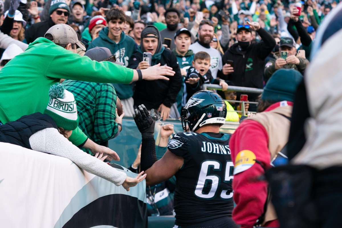 Philadelphia Eagles offensive tackle Lane Johnson (65) walks off the field  against the New York Giants during an NFL football game Sunday, Dec. 11,  2022, in East Rutherford, N.J. (AP Photo/Adam Hunger