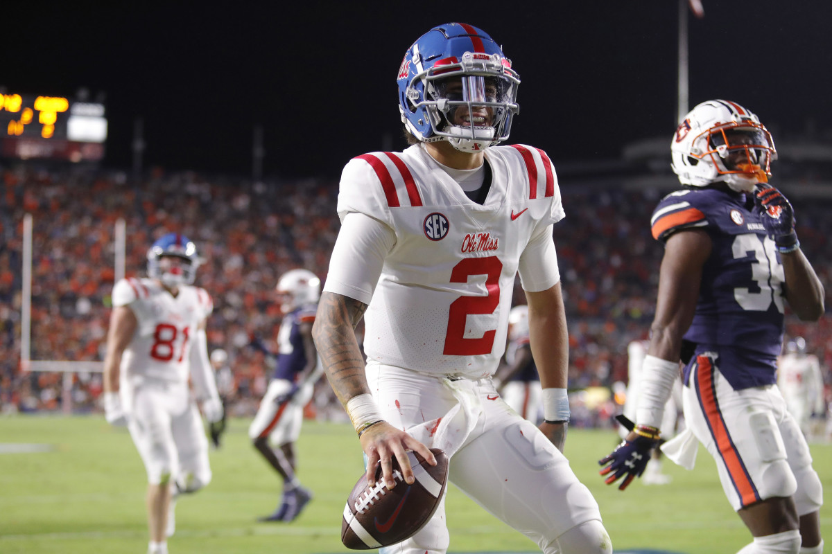 Ole Miss star Matt Corral celebrates a touchdown against Auburn in October.