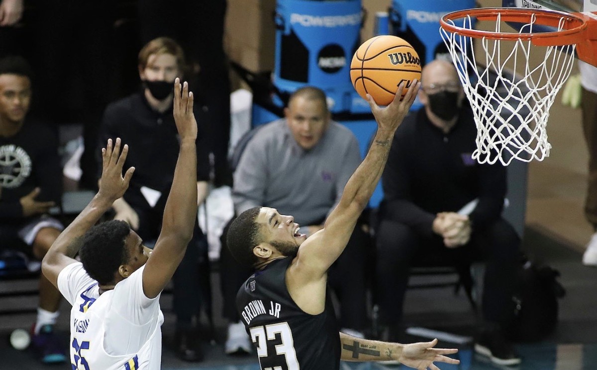 Terrell Brown drives to the basket in a game in South Dakota.