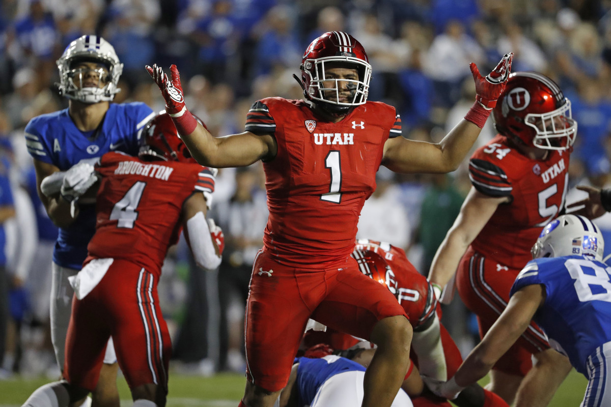 Second-leading tackler Nephi Sewell celebrates a tackle against BYU in September.