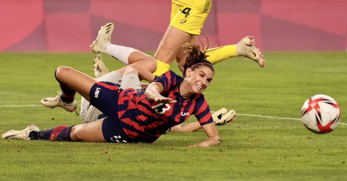 Alex Morgan takes a tumble during the Tokyo Olympics