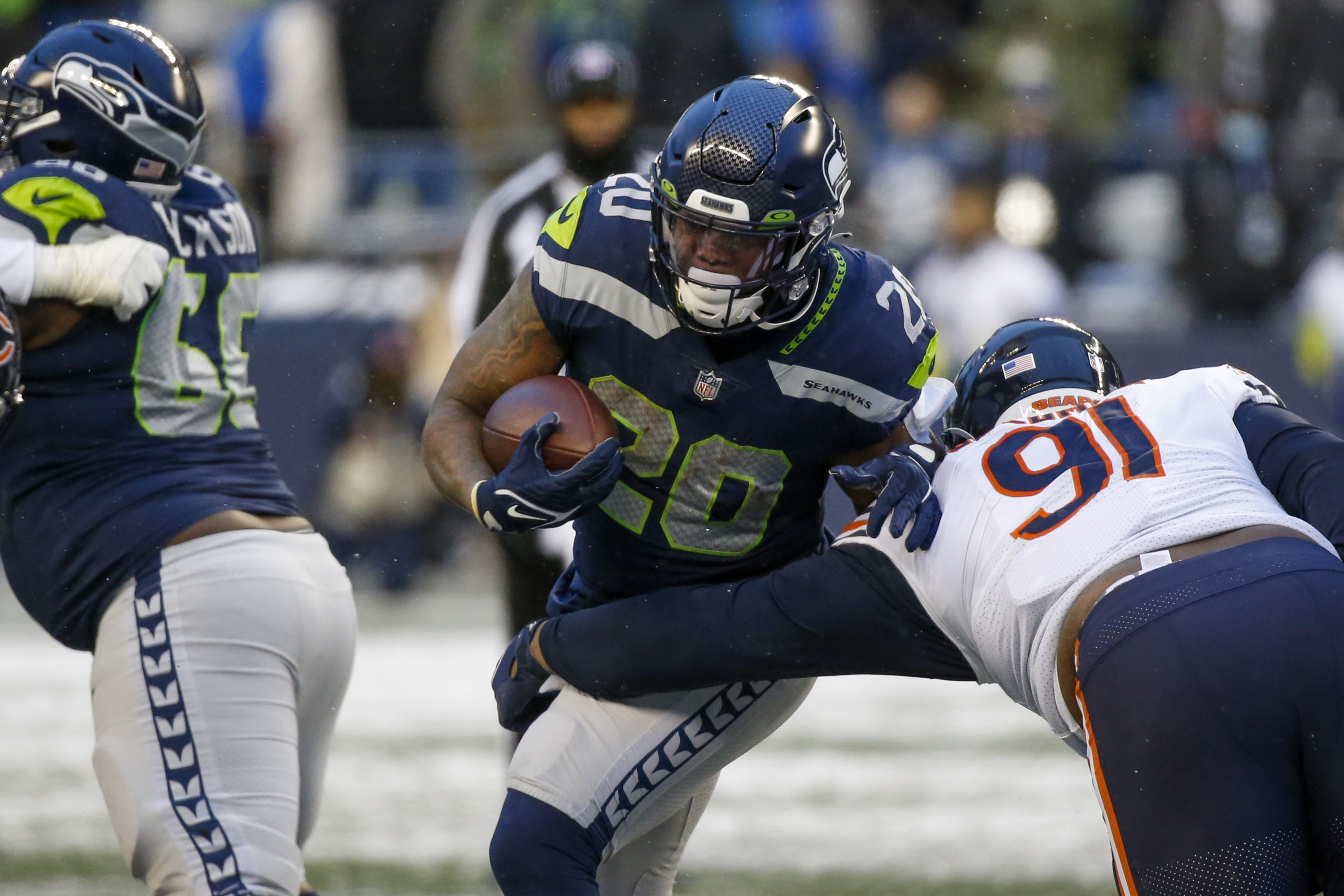 Seattle Seahawks running back Rashaad Penny dashes into the end zone with  36-yard rush TD on third-and-long