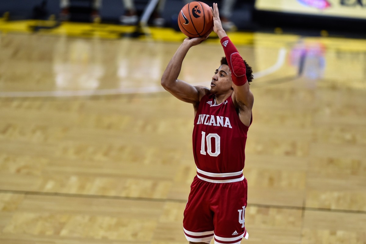 Indiana guard Rob Phinisee (10) shoots the ball against Iowa during the first half at Carver-Hawkeye Arena. (Jeffrey Becker/USA TODAY Sports)