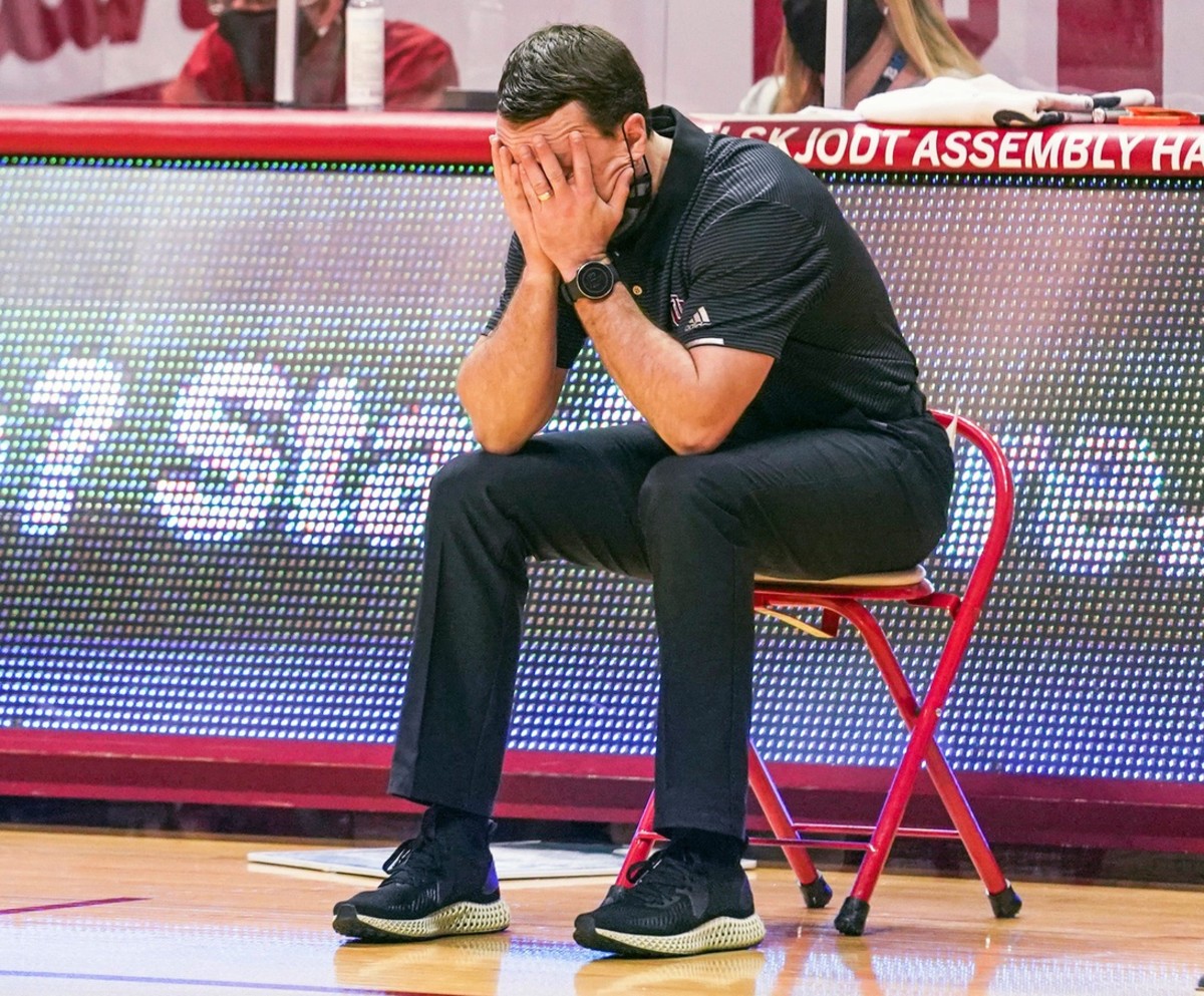 Indiana head coach Archie Miller reacts after a play during the game against Michigan State at Simon Skjodt Assembly Hall on Saturday, Feb. 20, 2021. (Bobby Goggin/USA TODAY Sports)