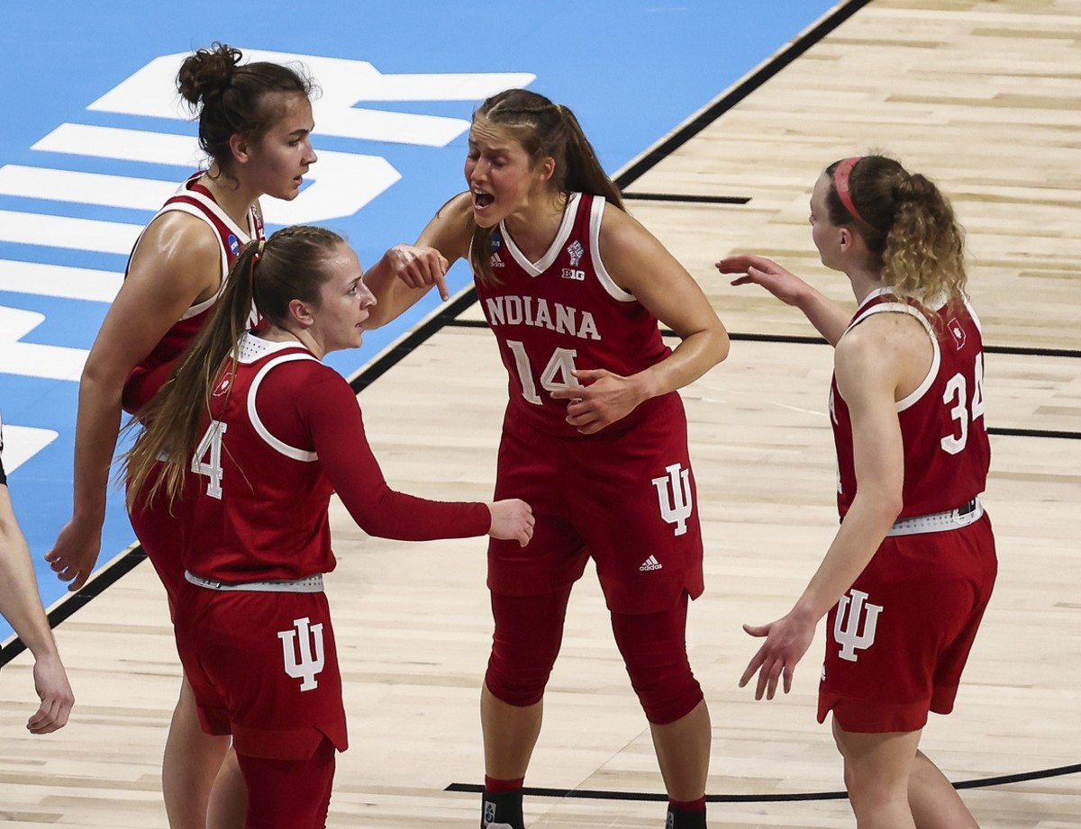  Indiana guard Ali Patberg (14) reacts after a play during the first quarter against the NC State Wolfpack in the Sweet Sixteen of the 2021 Women's NCAA Tournament at Alamodome. (Troy Taormina-USA TODAY Sports)