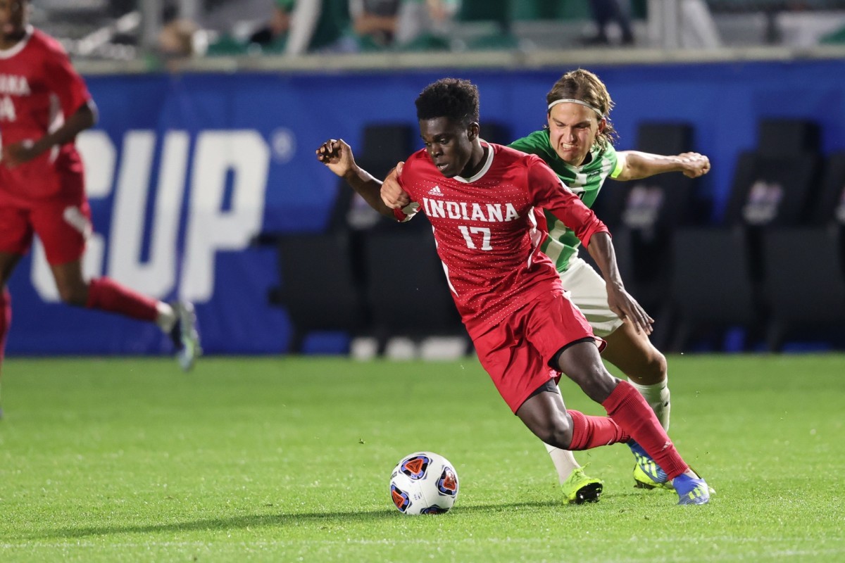 Indiana forward Herbert Endeley (17) controls the ball against Marshall in overtime of the 2020 NCAA College Cup in Cary, N.C. (Nell Redmond-USA TODAY Sports)