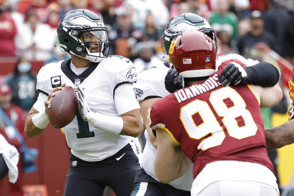 Philadelphia Eagles vs. Commanders 10 Observations: Sack Masters, DeVonta's  Big Plays, & A.J. Brown - Sports Illustrated Philadelphia Eagles News,  Analysis and More