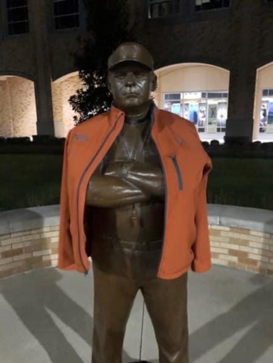 The Gary Patterson statue outside Schollmaier Arena after the men's basketball game in January 2022