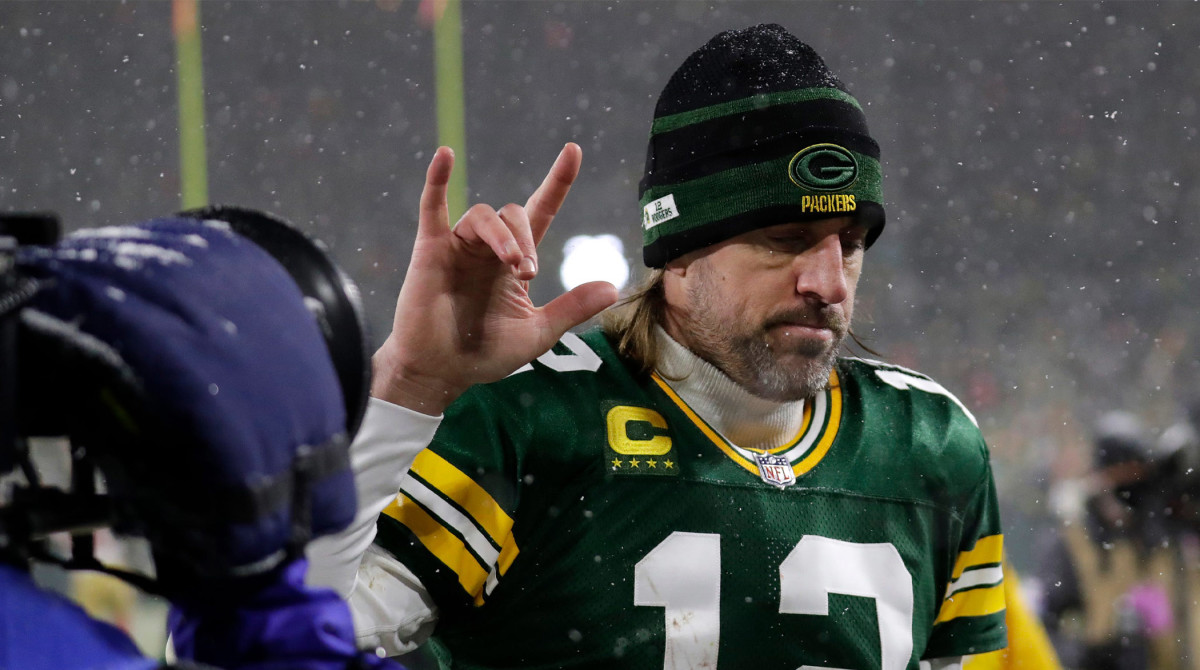 Green Bay Packers quarterback Aaron Rodgers (12) leaves the field after a 13-10 loss against the San Francisco 49ers during their NFL divisional round football playoff game Saturday January 22, 2022, at Lambeau Field in Green Bay, Wis.