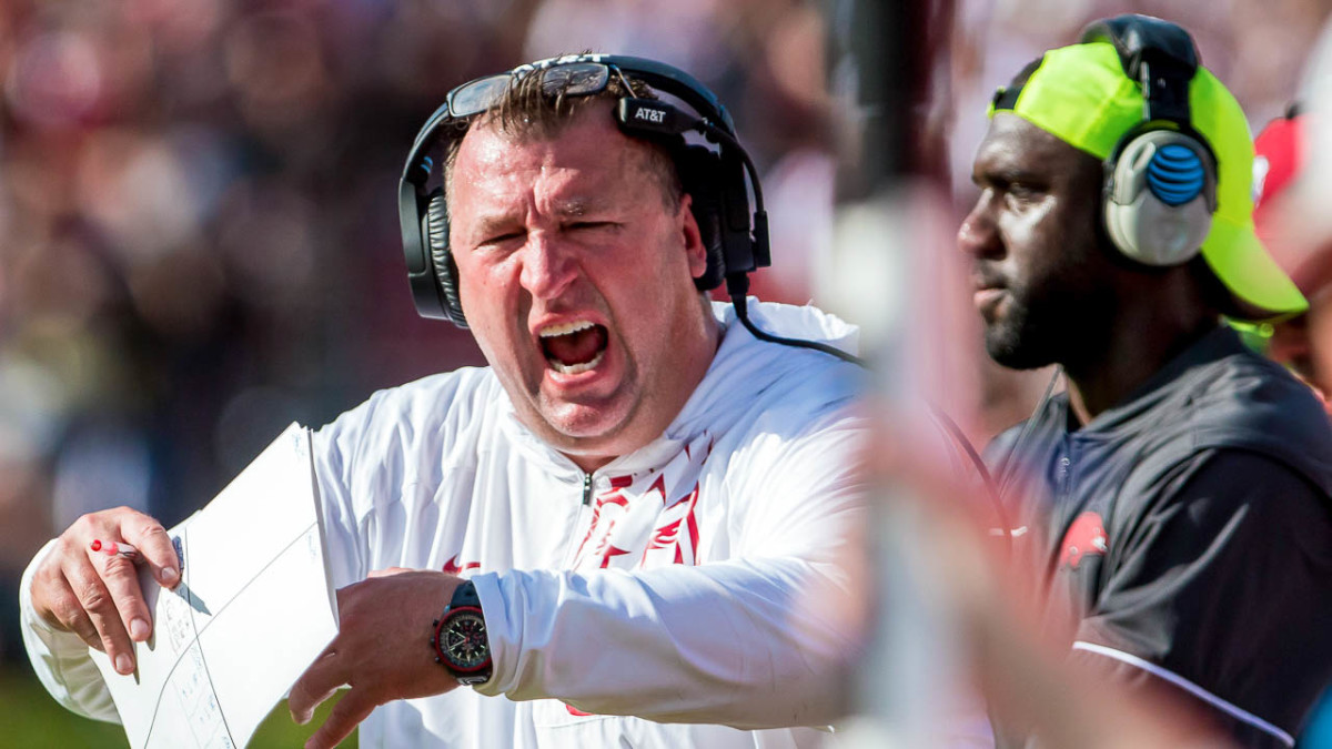 Bret Bielema during a Razorback game against South Carolina in 2017. The former Arkansas head coach's passion for running the ball over passing during quarterback Brandon Allen's tenure was no secret.