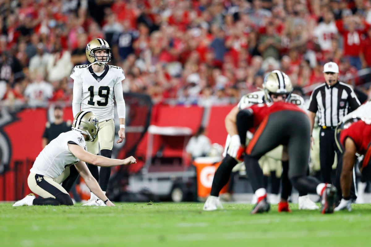 New Orleans Saints kicker Brett Maher (19) lines up to attempt a field goal against the Tampa Bay Buccaneers. Mandatory Credit: Nathan Ray Seebeck-USA TODAY Sports