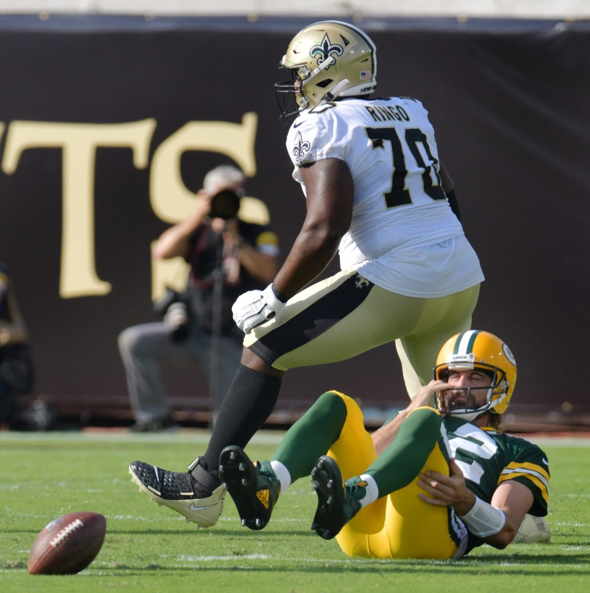 New Orleans Saints defensive tackle Christian Ringo (70) celebrates a sack of Green Bay quarterback Aaron Rodgers (12). Bob Self/Florida Times-Union via Imagn Content Services, LLC