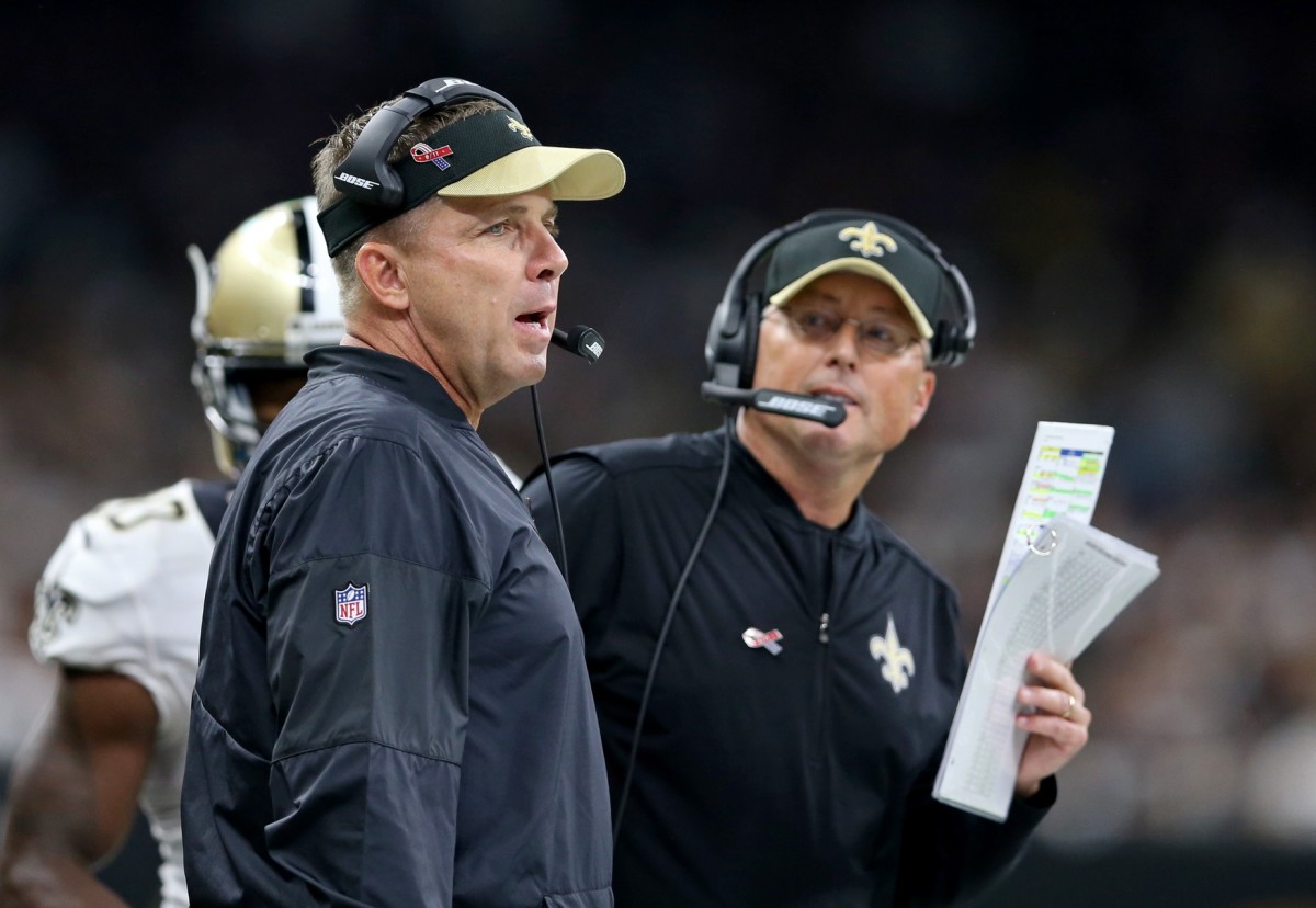 New Orleans Saints head coach Sean Payton and offensive coordinator Pete Carmichael on the sidelines. Mandatory Credit: Chuck Cook-USA TODAY 