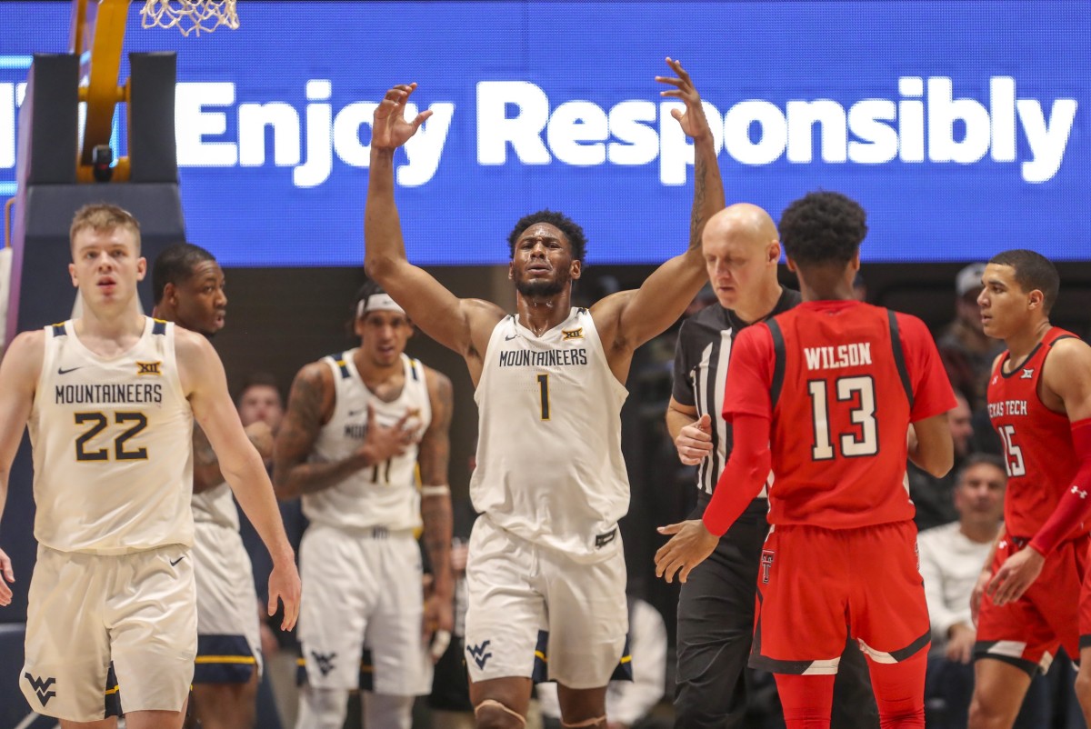 Feb 5, 2022; Morgantown, West Virginia, USA; West Virginia Mountaineers forward Pauly Paulicap (1) reacts to a call during the second half against the Texas Tech Red Raiders at WVU Coliseum.