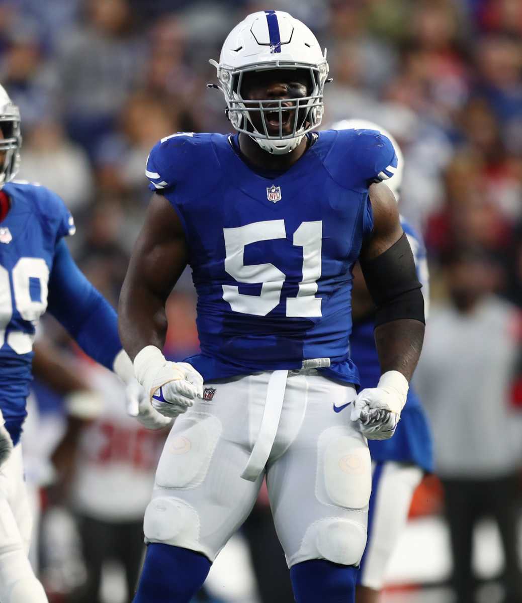 Indianapolis Colts defensive end Kwity Paye (51) lines up on defense during  an NFL football game against the New York Jets, Thursday, Nov. 4, 2021, in  Indianapolis. (AP Photo/Zach Bolinger Stock Photo - Alamy