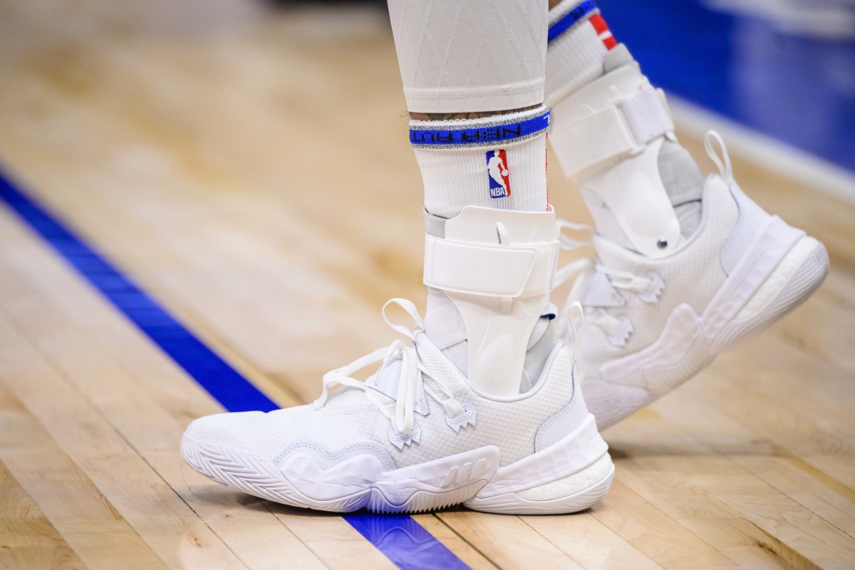 Feb 6, 2022; Dallas, Texas, USA; A view of the sneaker shoes of Atlanta Hawks guard Trae Young (11) during the game between the Dallas Mavericks and the Atlanta Hawks at the American Airlines Center.