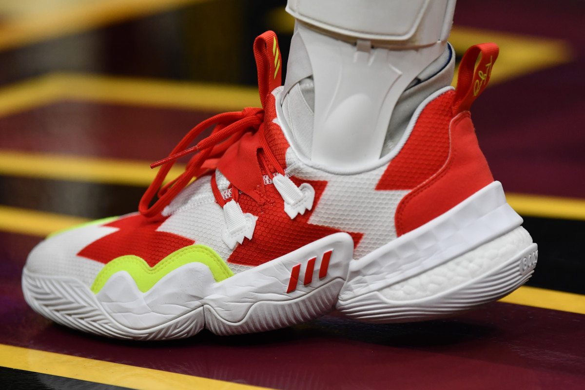 Oct 23, 2021; Cleveland, Ohio, USA; A detail of the shoes of Atlanta Hawks guard Trae Young (11) during the first half at Rocket Mortgage FieldHouse.