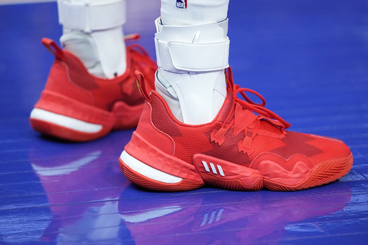 November 8, 2021; San Francisco, California, USA; Detail view of the shoes worn by Atlanta Hawks guard Trae Young (11) during the second quarter against the Golden State Warriors at Chase Center.