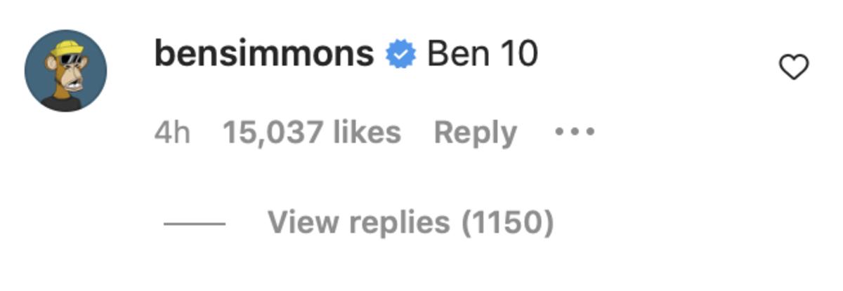 Screenshot captured of Ben Simmons' comment on the Brooklyn Nets Instagram post. 