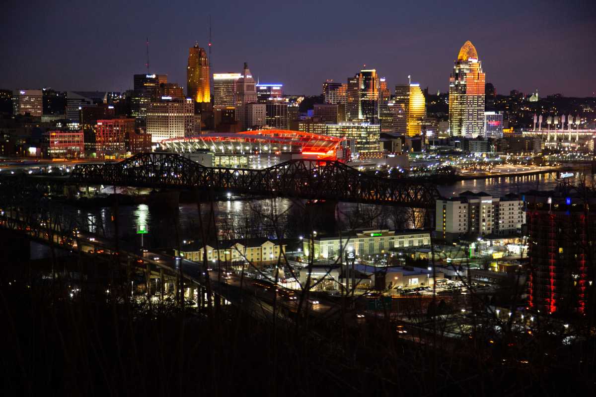 An early more view of the Cincinnati skyline from Devou Park in Covington, Wednesday, Feb. 9, 2022. As the Cincinnati Bengals prepare for the Super Bowl, the city is lit in orange.