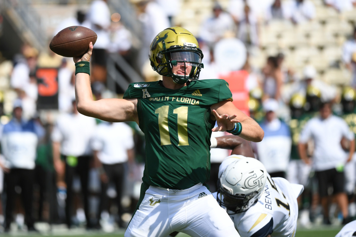 South Florida Bulls quarterback Blake Barnett (11) looks to throw against the Georgia Tech Yellow Jackets during the third quarter at Bobby Dodd Stadium.