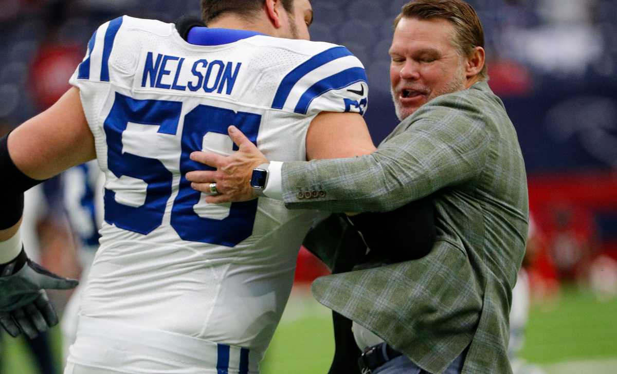 Indianapolis Colts general manager Chris Ballard (right) greets Quenton Nelson (56) during warm-ups Sunday, Dec. 5, 2021, at NRG Stadium in Houston. Indianapolis Colts Versus Houston Texans On Sunday Dec 5 2021 At Nrg Stadium In Houston Texas