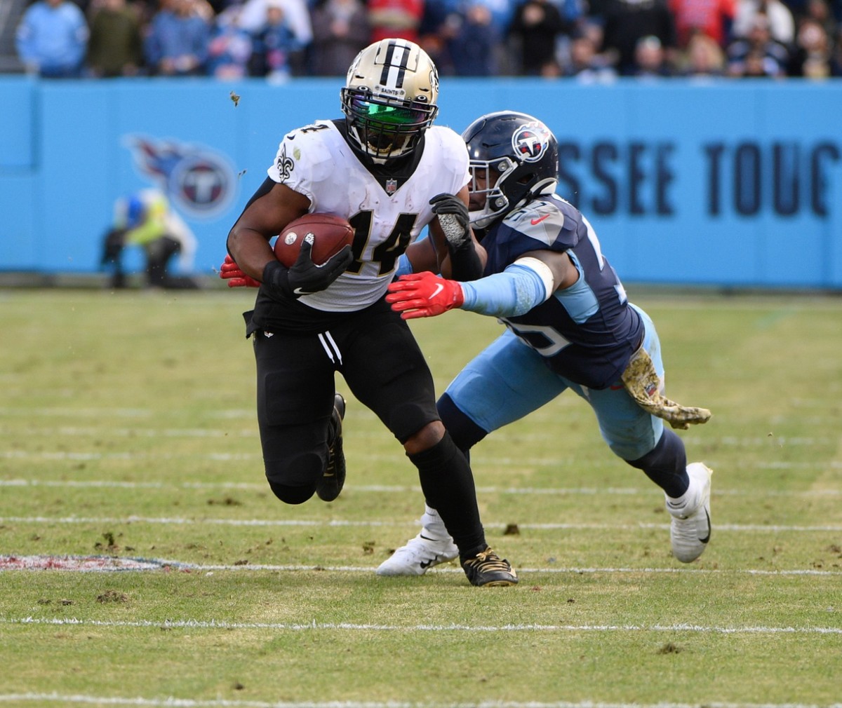 New Orleans Saints running back Mark Ingram II (14) runs the ball against the Tennessee Titans. Mandatory Credit: Steve Roberts-USA TODAY Sports