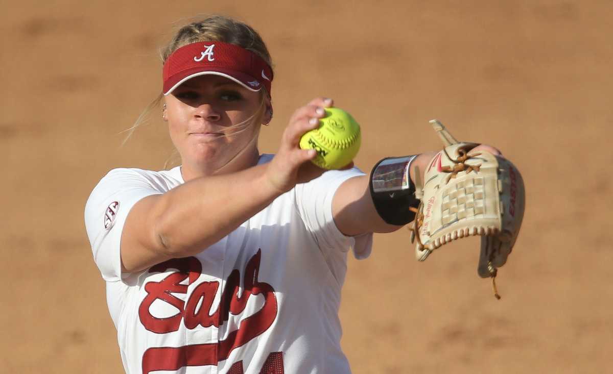 Alabama pitcher Lexi Kilfoyl (44) delivers a pitch to the plate as Alabama faced Alabama State in the Tuscaloosa Regional Friday, May 21, 2021.