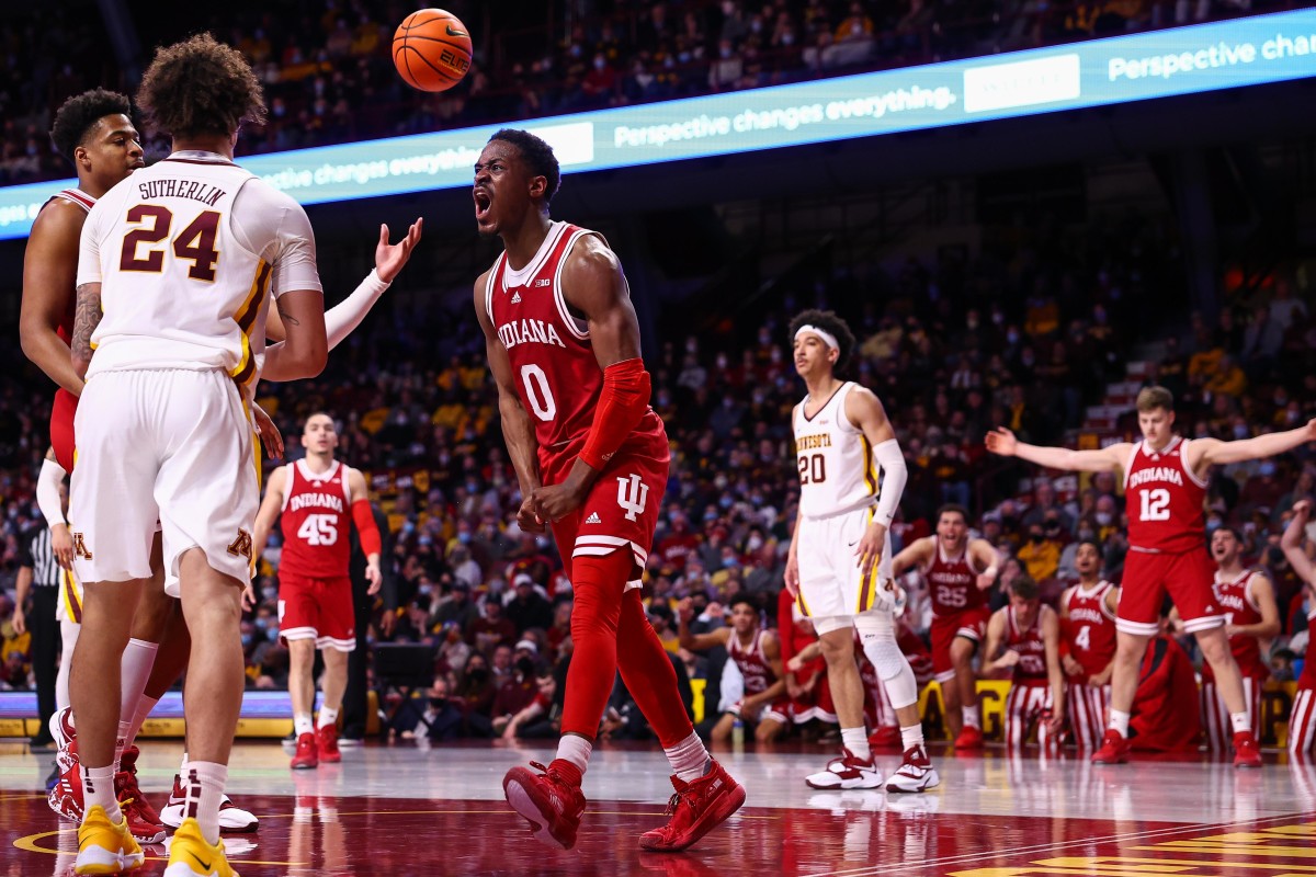 Xavier Johnson celebrates after a play in Indiana's game versus Minnesota.