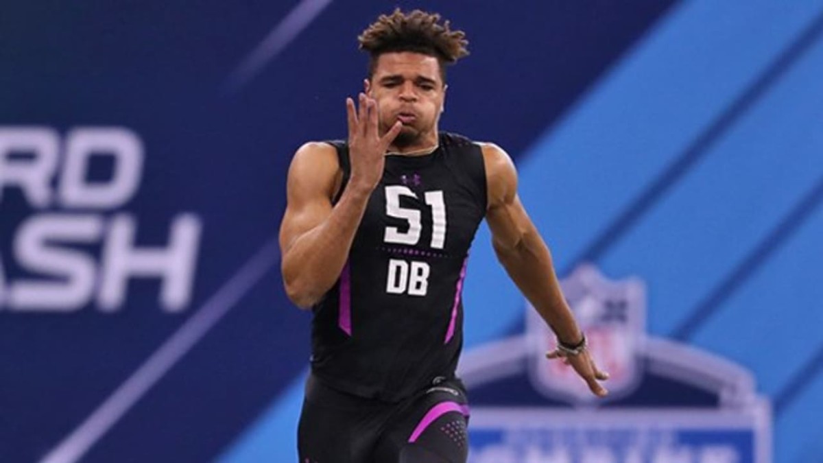 Minkah Fitzpatrick runs during the 2018 NFL combine