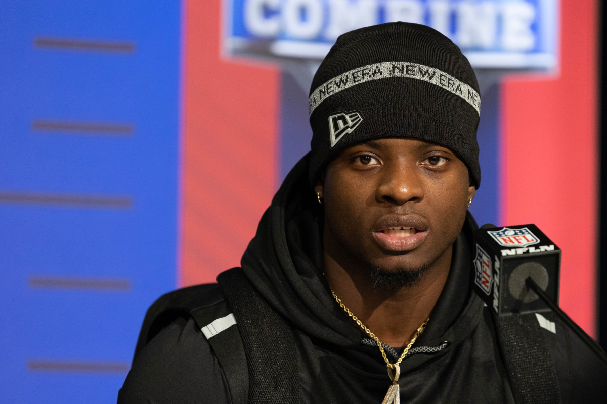 Alabama running back Brian Robinson talks to the media during the 2022 NFL Combine.