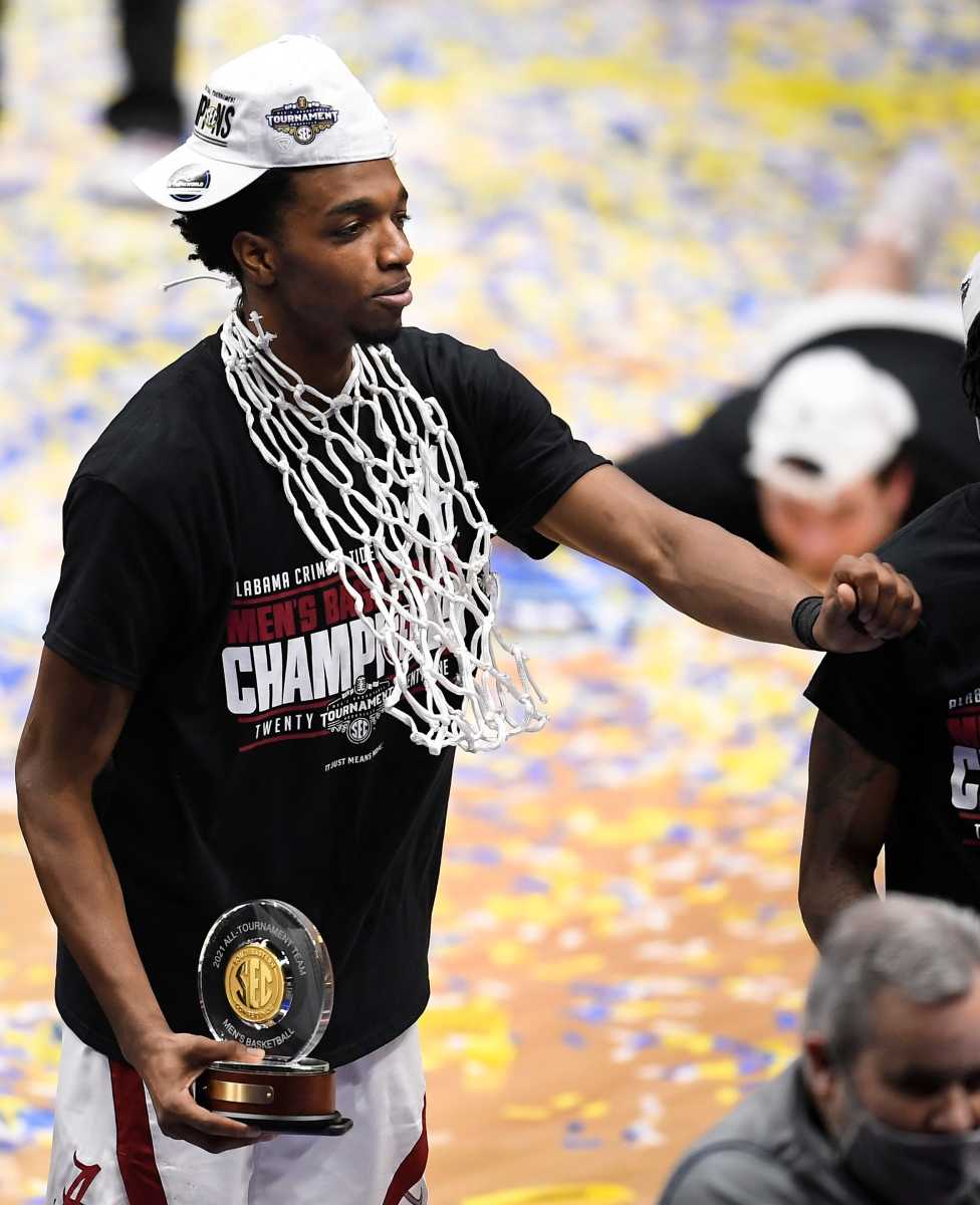 Alabama forward Herbert Jones (1) celebrates their 80 to 79 win over LSU in the SEC Men's Basketball Tournament Championship game at Bridgestone Arena Sunday, March 14, 2021 in Nashville, Tenn.