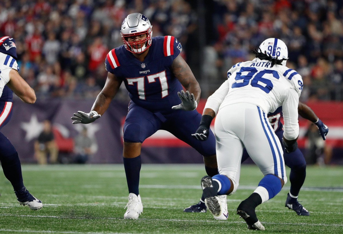 Oct 4, 2018; Foxborough, MA, USA; New England Patriots offensive tackle Trent Brown (77) looks to block against the Indianapolis Colts during the first quarter at Gillette Stadium. Mandatory Credit: Winslow Townson-USA TODAY Sports