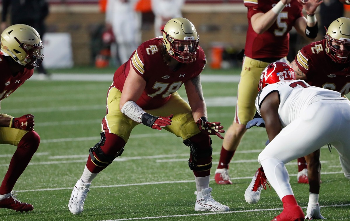 Nov 28, 2020; Chestnut Hill, Massachusetts, USA; Boston College Eagles offensive lineman Tyler Vrabel (78) during the first half against the Louisville Cardinals at Alumni Stadium. Mandatory Credit: Winslow Townson-USA TODAY Sports