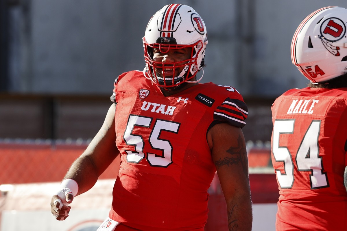 Dec 19, 2020; Salt Lake City, Utah, USA; Utah Utes offensive lineman Nick Ford (55) prepares for their game against the Washington State Cougars at Rice-Eccles Stadium. Mandatory Credit: Jeffrey Swinger-USA TODAY Sports