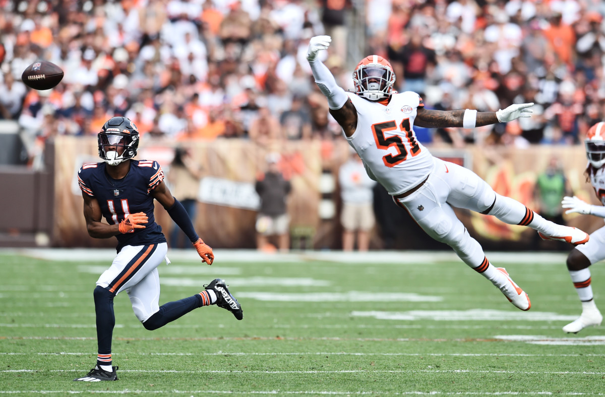 Chicago Bears wide receiver Darnell Mooney (11) watches an errant pass as Cleveland Browns outside linebacker Mack Wilson (51) goes for this during the second half at FirstEnergy Stadium.