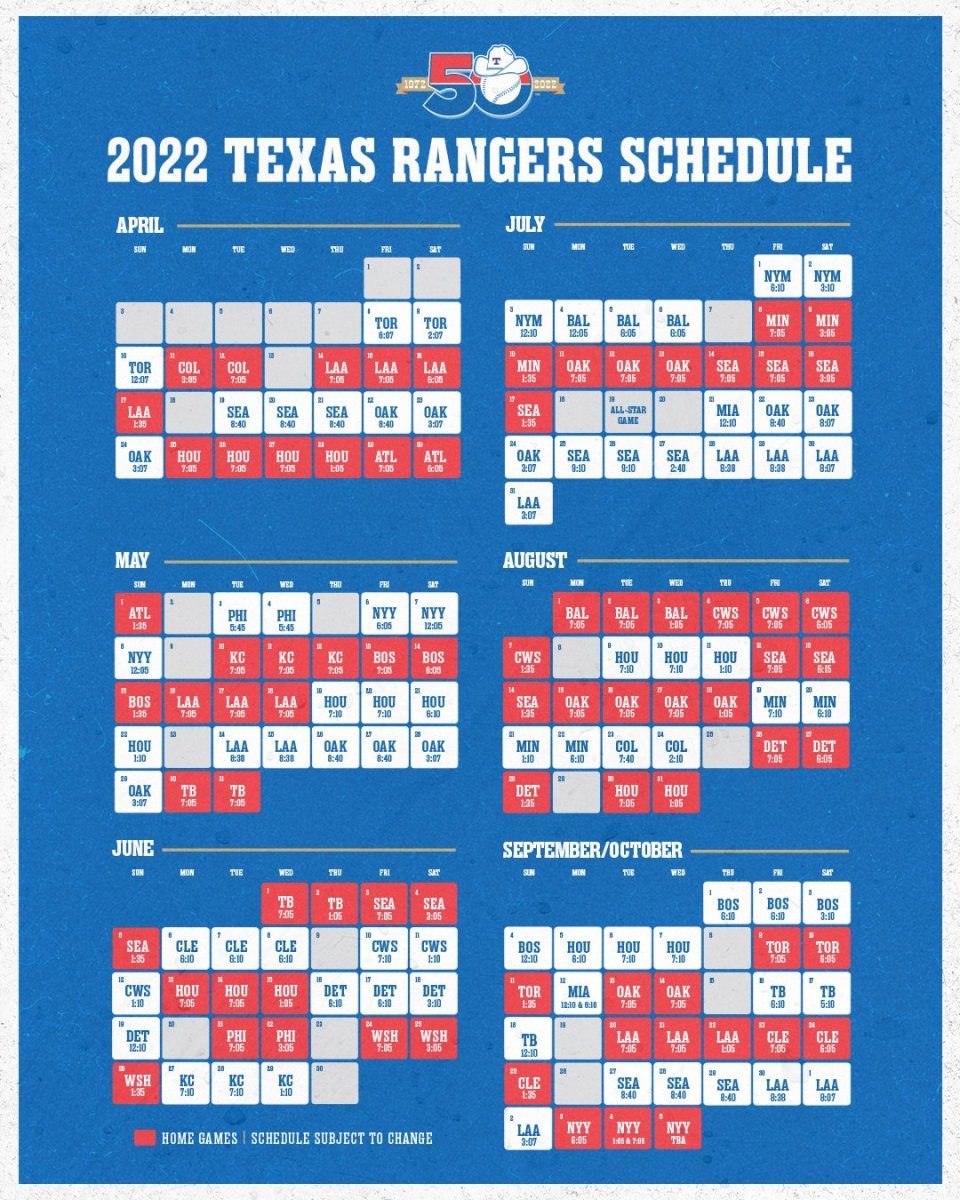 Texas Rangers Announce Revised Regular Season Schedule, Individual