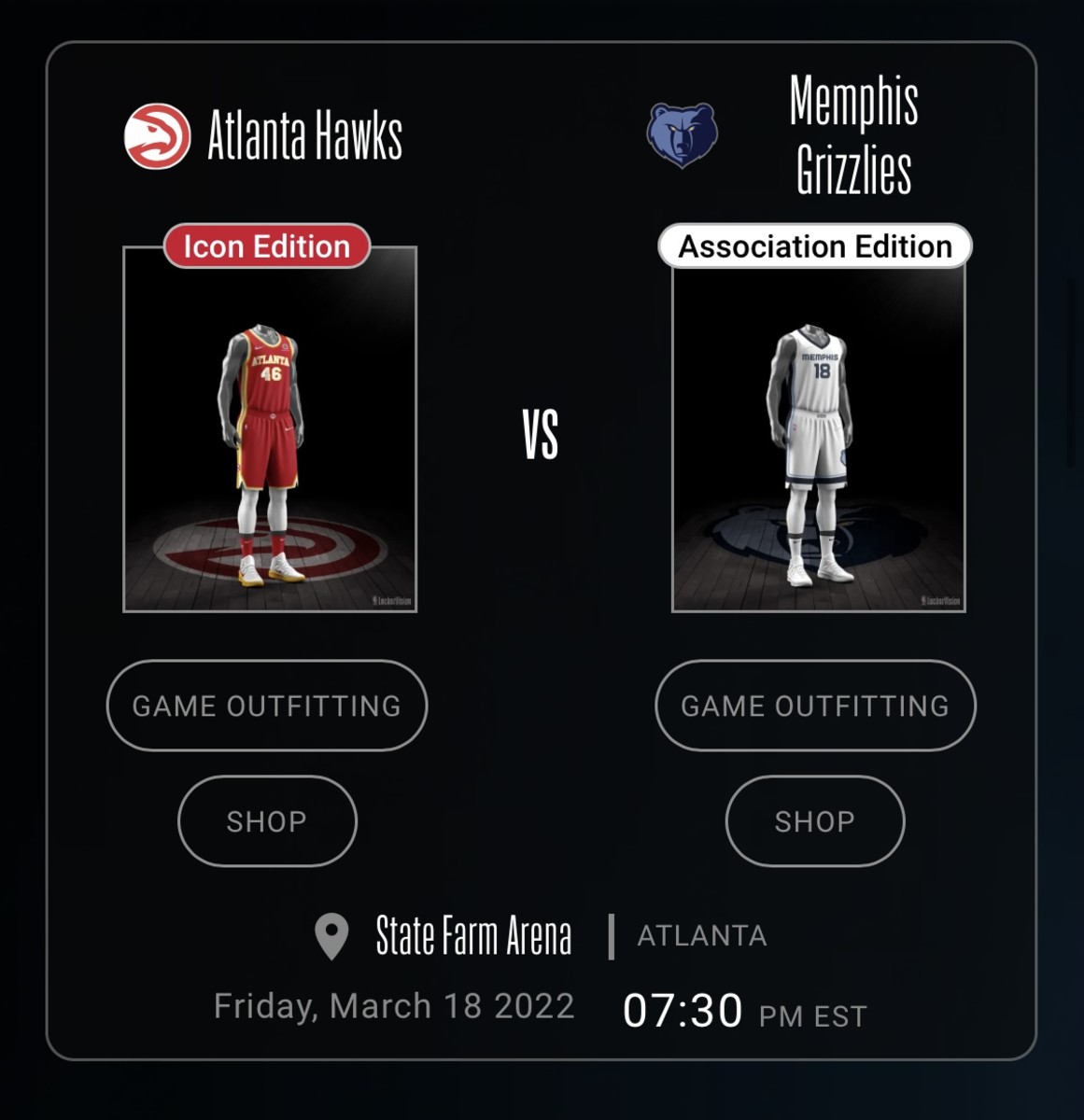 Uniforms for the game between the Memphis Grizzlies and Atlanta Hawks.