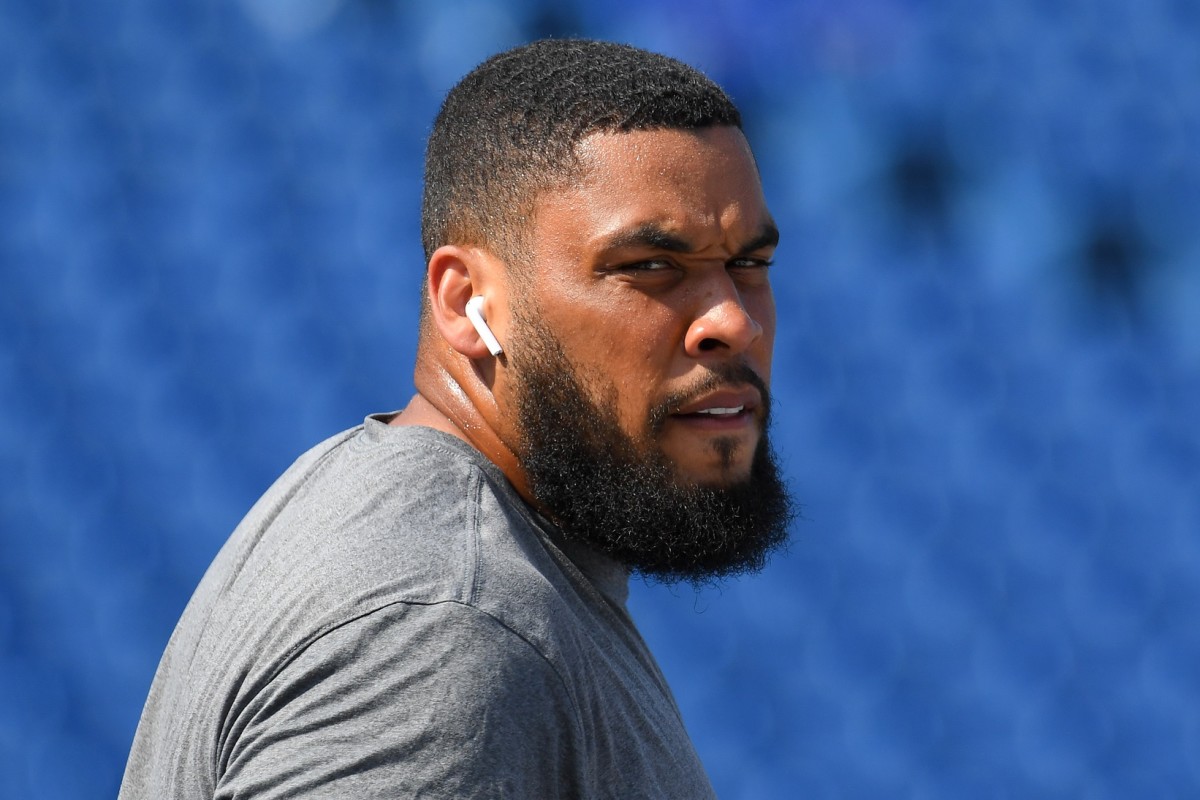 Aug 28, 2021; Orchard Park, New York, USA; Buffalo Bills offensive guard Jamil Douglas (77) looks on prior to the game against the Green Bay Packers at Highmark Stadium.