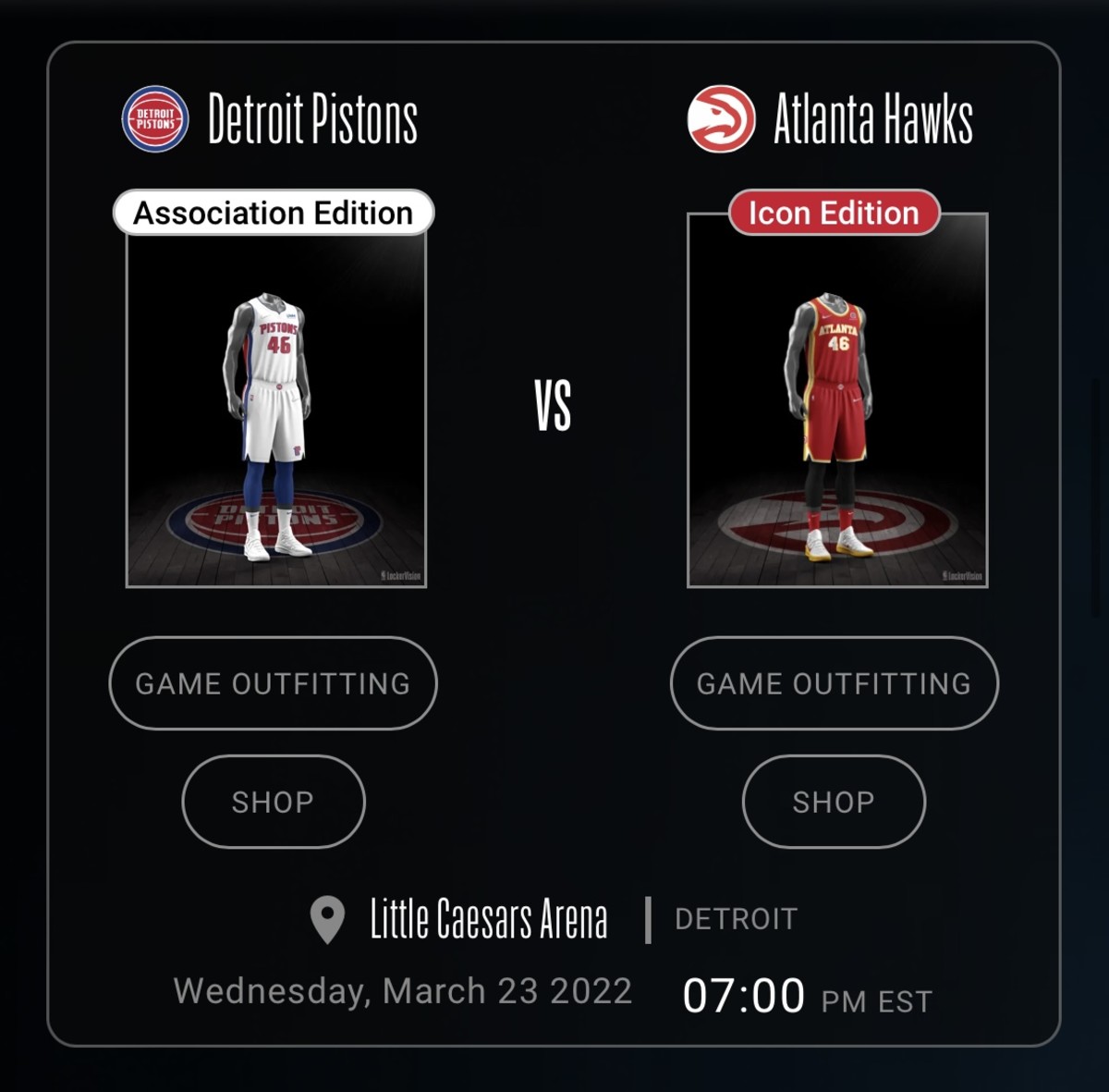 Uniforms for the game between the Detroit Pistons and Atlanta Hawks on March 23, 2022.