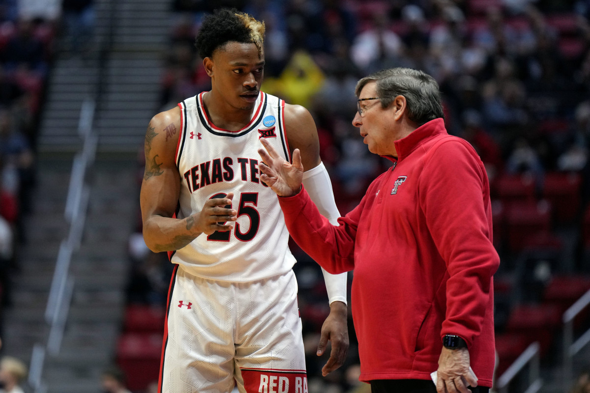 Mar 20, 2022; San Diego, CA, USA; Texas Tech Red Raiders guard Adonis Arms (25) talks with head coach Mark Adams in the second half against the Notre Dame Fighting Irish during the second round of the 2022 NCAA Tournament at Viejas Arena.